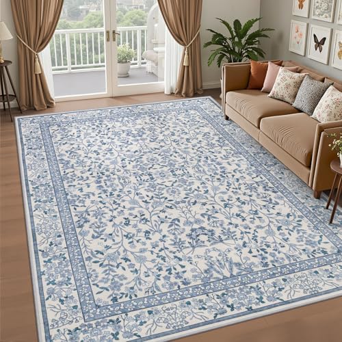 6x9 Area Rug Living Room: Soft Floral Washable Boho Carpet Blue - Image 2