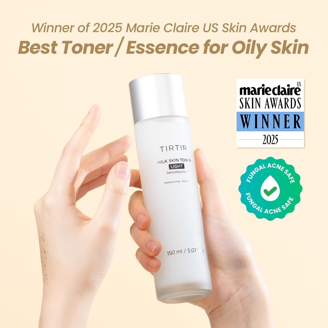 TIRTIR Milk Skin Rice Toner Light | Instant Hydration with 4% Niacinamide, Pantenol, Lightweight, Pore-Tightening, Vegan, Acne-Prone, Oily Skin, Fungal Acne Safe, Korean Skin Care, 0.67 Fl Oz