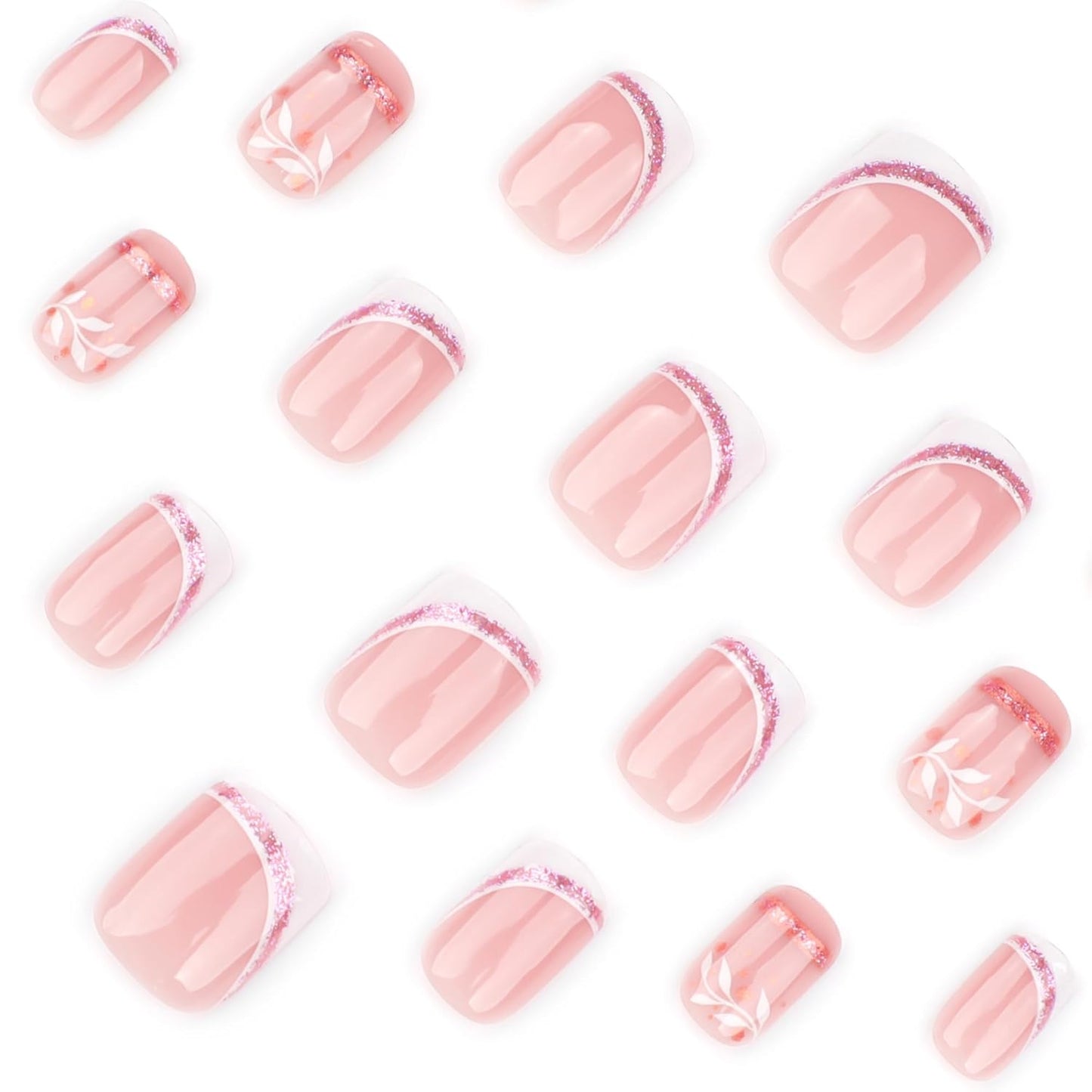French Press On Nails Short Square, Nude Fake Nails with White French Tip and Minimalist Purple and Gold Line Design, Glossy Gel Finish Acrylic Nails, Natural Reusable Glue On Nails Kit for Women