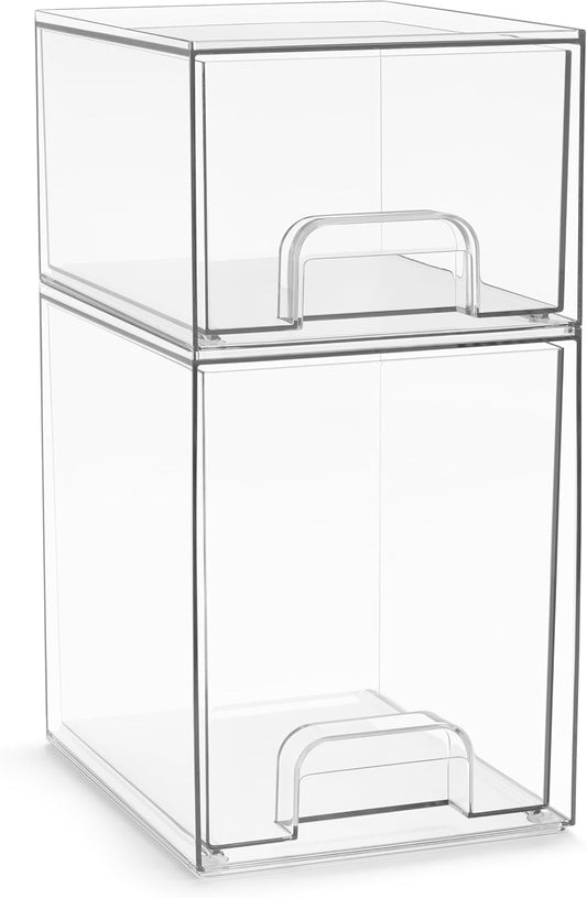 Sorbus Acrylic Storage Containers - 2 Pack, Stackable Storage Bins Set for Bathroom Organization - Clear Acrylic Drawer Organizers - Makeup Case Pull-Out Drawers (7.6’’ and 4.4’’ Tall)