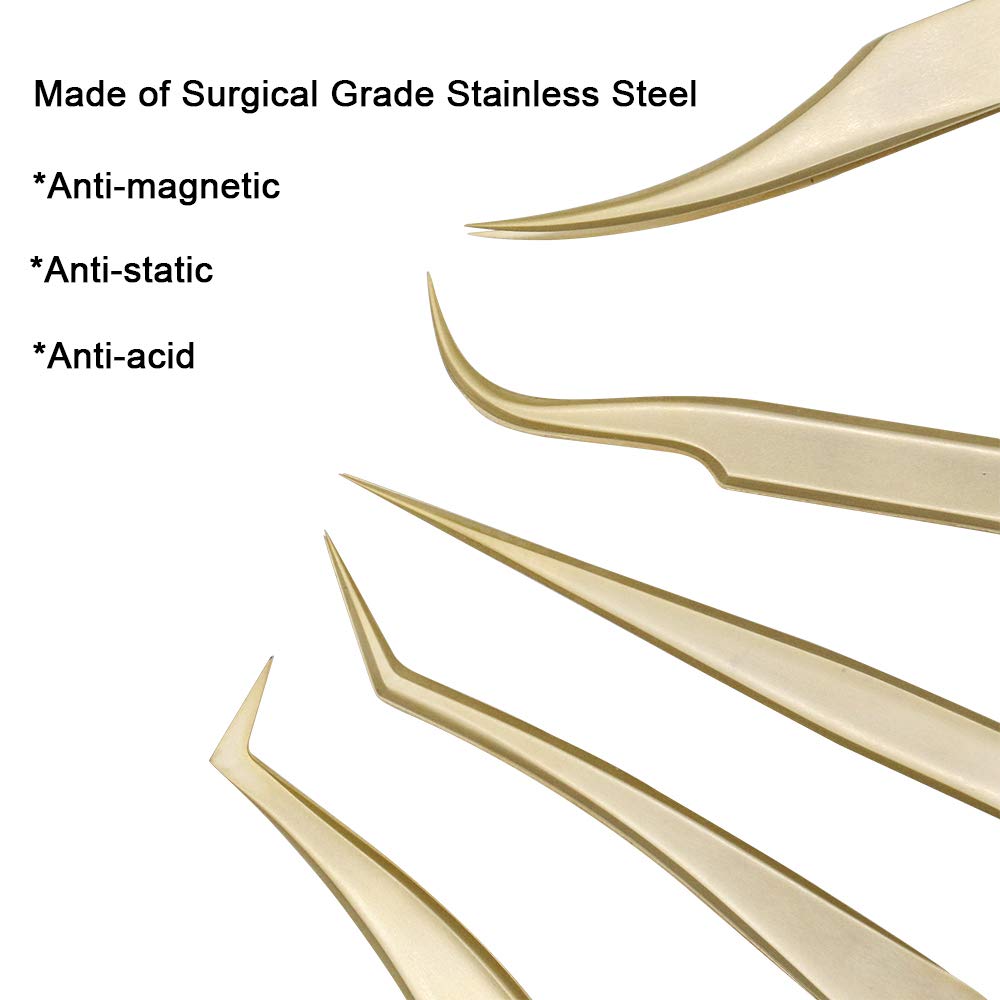 Ms.Queen Eyelash Extension Tweezers Set-Precision Tweezers for 2D-6D Volume&Individual False Lashes Extensions with PU Storage Case-Golden (Dolphin Tweezers/M003-3)
