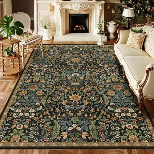 Floral Area Rug 5x7 Washable Botanical Carpet by NakedCloud