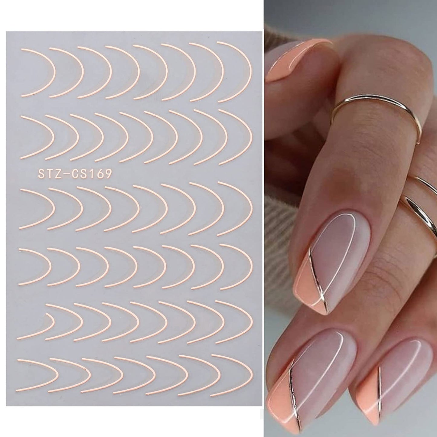 350+ Pcs French Tips Nail Stickers Decals, 8 Sheets Self-Adhesive Exquisite Noble Gold Silver Black Rose GoldFrench Manicure Nail Decals for Women Girls Beginners (U-Shaped)