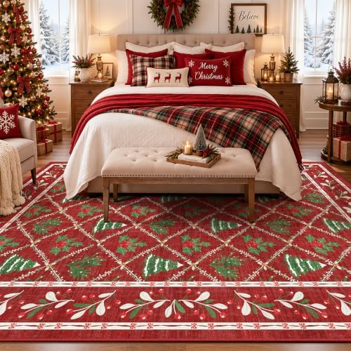 Red Christmas Rug 5x7 for Living Room, Nursery Room Machine Washable Low Pile - Image 4