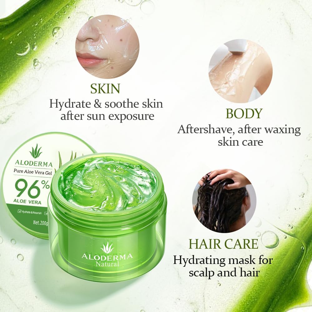 Aloderma Organic Aloe Vera Gel for Face & Body, 96% Pure Aloe Gel Made within 12 Hours of Harvest, Ideal for Skin, Scalp, & Hair Hydration, Calming Moisturizer for Soothing After Sun Care, 7.05oz