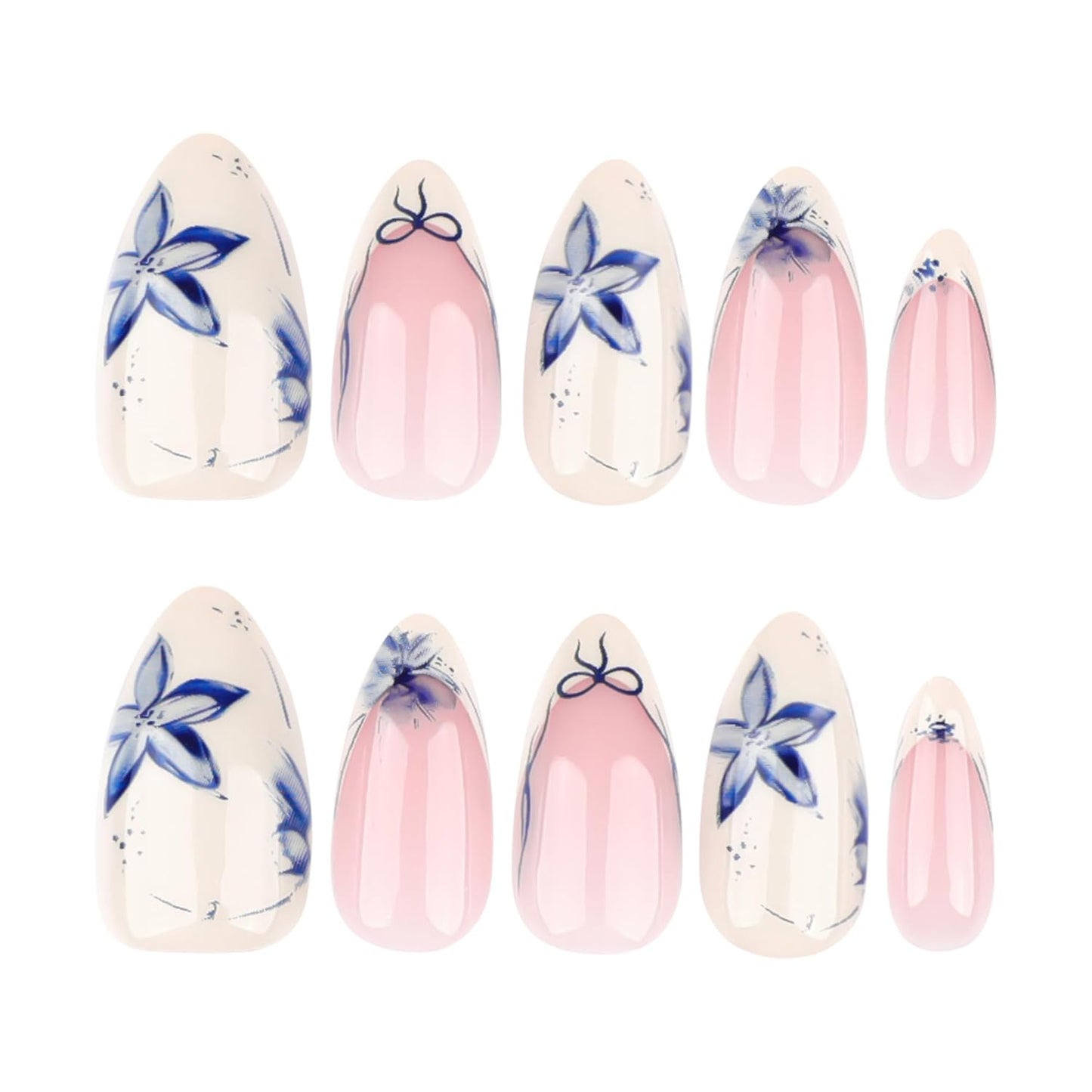 French Short Press On Nails Almond, Nude Fake Nails with Beige French Tip and Graceful Blue Floral Petal Design, Glossy Gel Finish Acrylic Nails, Natural Reusable Glue On Nails Kit for Women, 24 Pcs