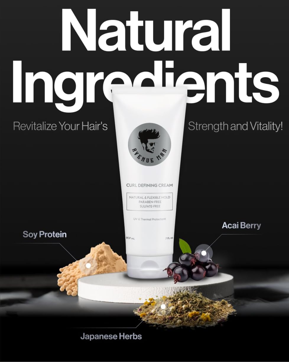 Avenue Man Curl Defining Cream - Improved Formula - Natural & Flexible Hold with Herbal Extracts for All Hair Types - Paraben Free & Sulfate Free
