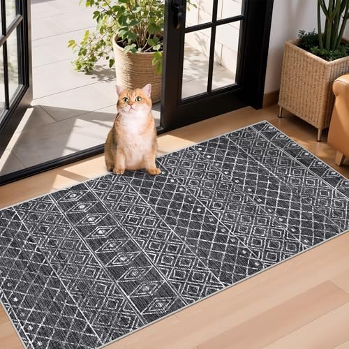 2x4 Runner Rug for Hallway: Washable Non Slip Moroccan Kitchen Rugs Black by BYYVOORugsforYourHome
