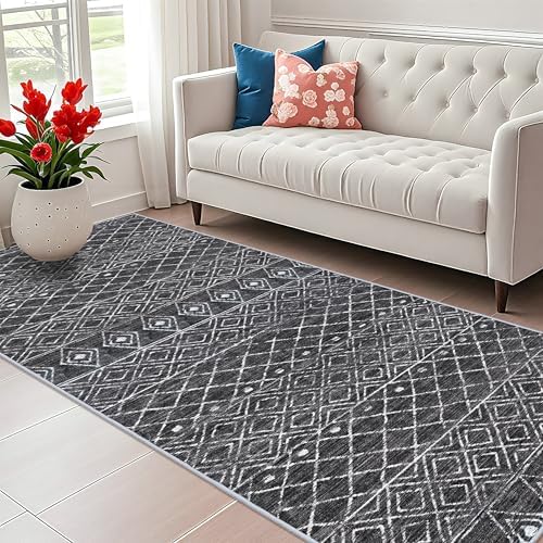 4x10 Black Moroccan Washable Runner:Non Slip Geometric Rug - Image 4