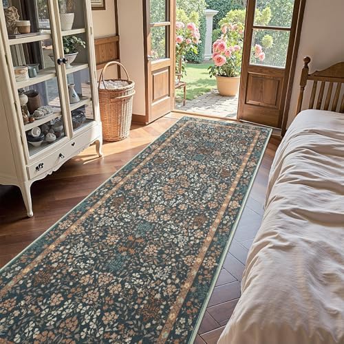 jinchan 3x8 Washable Hallway Runner Rug, Floral Non-Slip, Dark Blue - Image 3