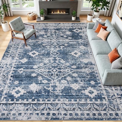 Vintage Blue Area Rugs 8x10, Washable Living Room Rug Non-Slip by TerradWafs