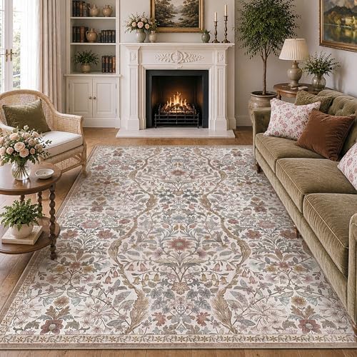 Floral Area Rug 5x7 Botanical Washable Carpet by NakedCloud
