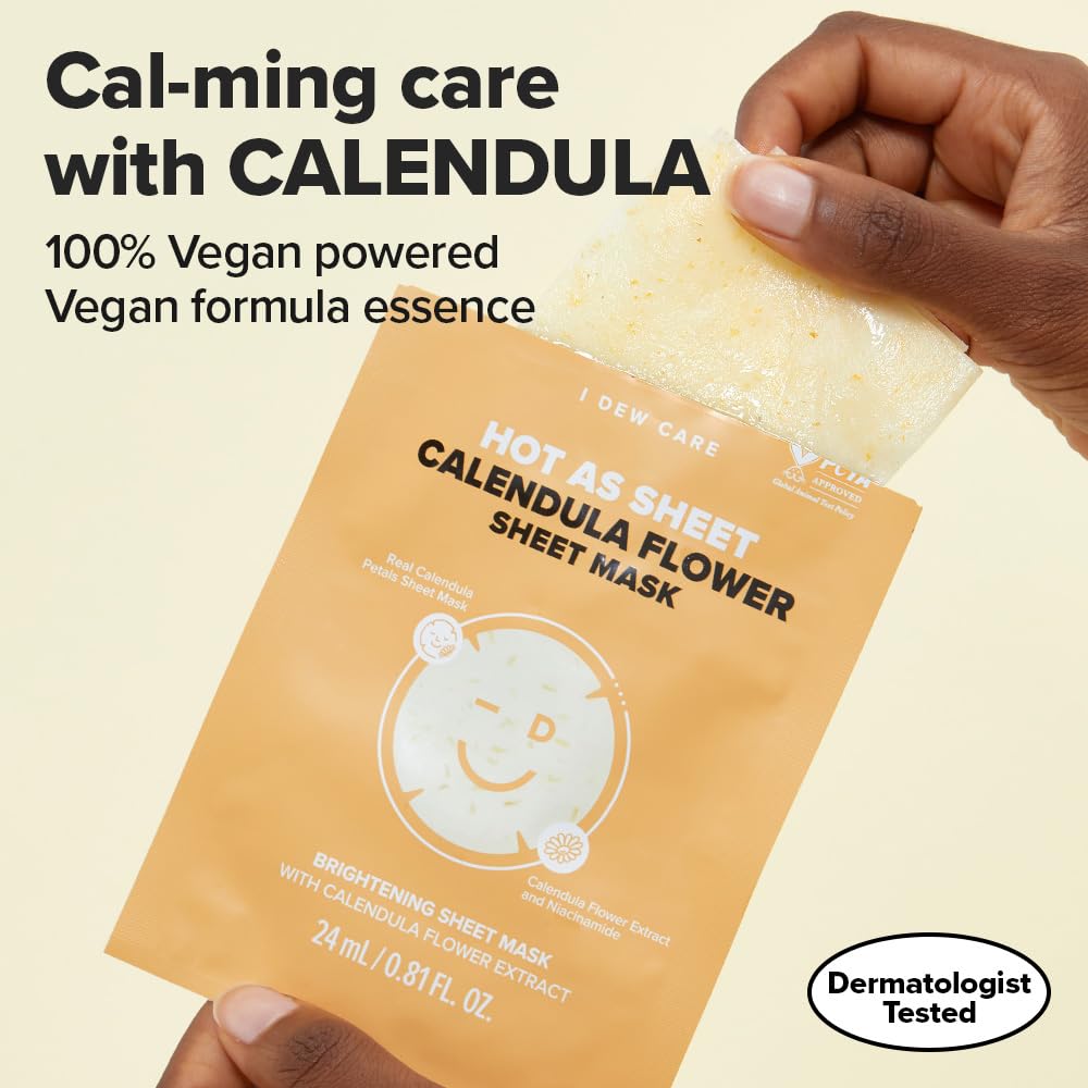 I DEW CARE Real Herb Calendula Sheet Face Mask - Hot As Sheet | Korean Face Masks Skincare, Moisturizing and Calming for Dry Skin with Calendula Flower Extract, 2% Niacinamide, 10EA