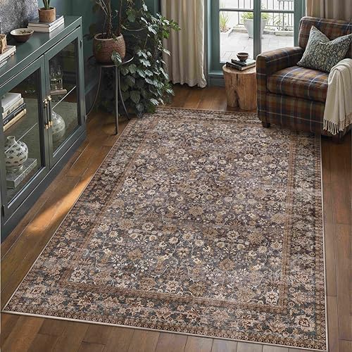 HUGEAR 5x7 Brown Blue Vintage Floral Washable Area Rug by HUGEAR