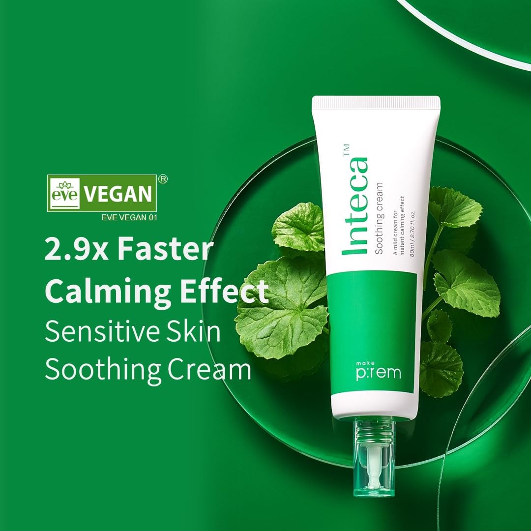 MAKE P:REM INTECA Soothing Cream, Quick Calming Facial Cream with Advanced CICA for Acne-Prone Skin, All Skin Types, EVE VEGAN, Korean Skin Care, 2.70 fl.oz., 80ml