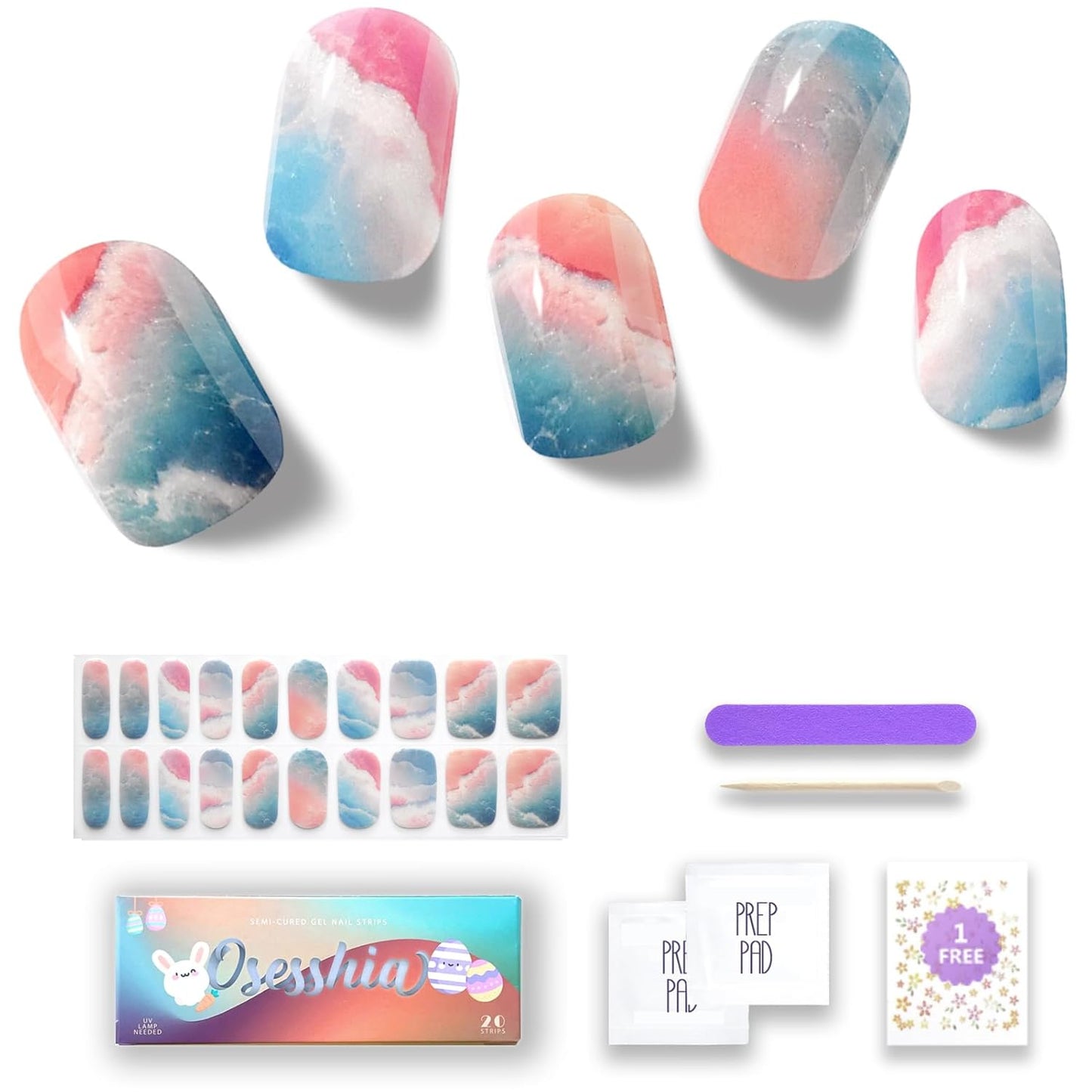 Semi Cured Gel Nail Strips, 20 pcs Nail Wraps, Glaze Stickers, Salon Quality French Manicure, Full Decal Gel Polish Strips, Long Lasting SCG, Easy on, UV Required (Tropical Isle)