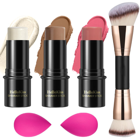 3 Pcs Cream Contour Stick Makeup Kit, Shades with Highlighter,Blush and Bronzer Contour Stick for Sculpt the Cheeks, Waterproof, Matte & Dewy Finish (Light-Medium,#02+#10+#12)