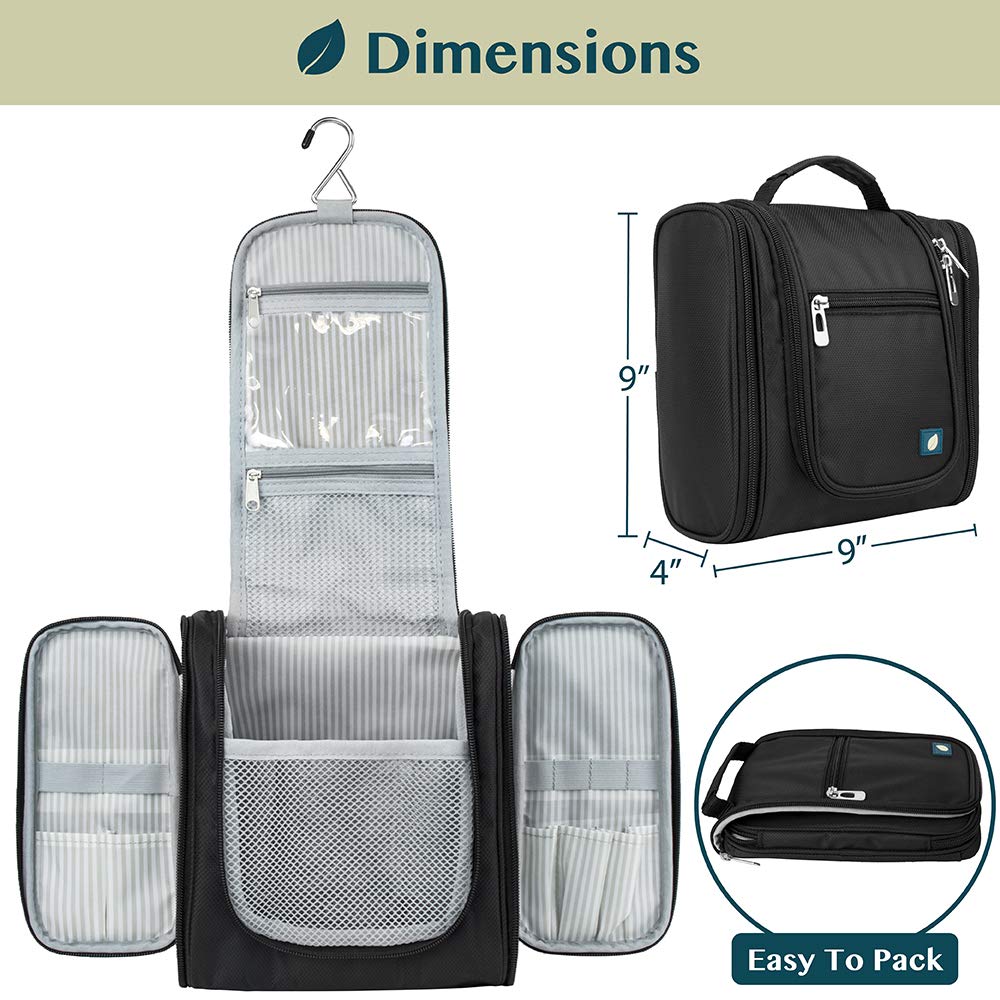 PAVILIA Toiletry Bag Travel Bag for Women Men, Hanging Cosmetic Organizer, Water Resistant Makeup Bag for Accessories Toiletries, Large Travel Essentials Kit (Black)
