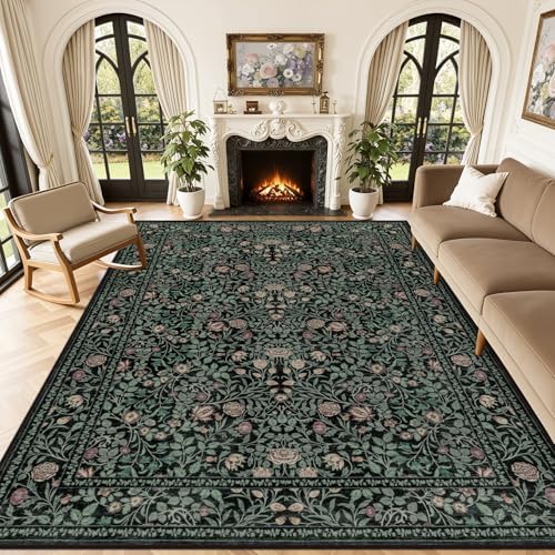 10x14 Area Rug Living Room: Soft Floral Washable Carpet Dark Green by EXPEDIX