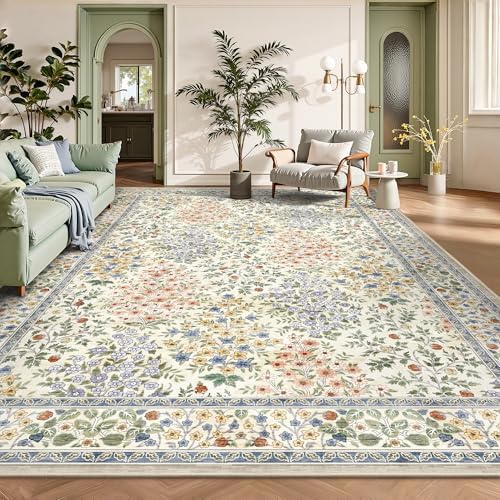 8x10 Area Rugs, Machine Washable Low Pile Floral Rugs by Yarooge