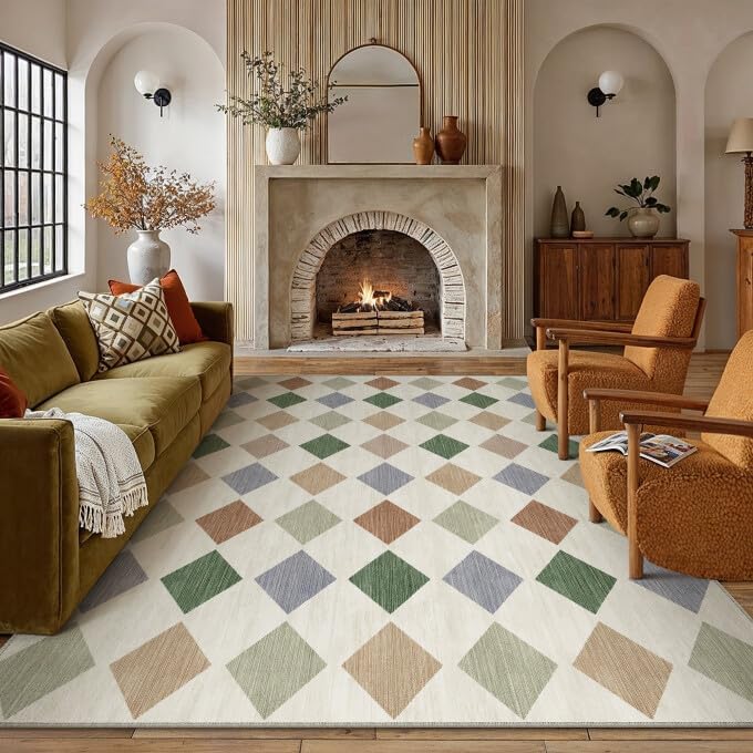 PureCozy 8x10 Washable Area Rug Living Room Large Non Slip Checkered Rugs by PureCozy
