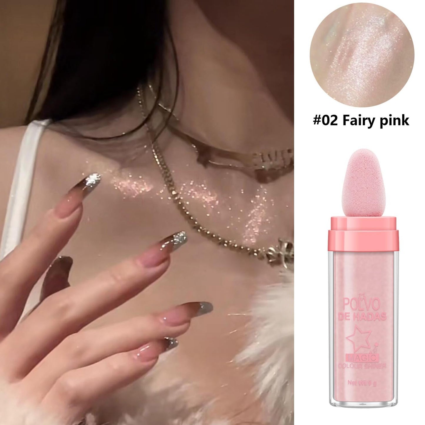 2PCS Polvo De Hadas Fairy Dust Highlight Patting Powder - Full Body Contouring and Clavicle Pearlescent Patting Powder for Face and Eye, Christmas Sparkling Body Glitter (#01 White & #02 Pink)