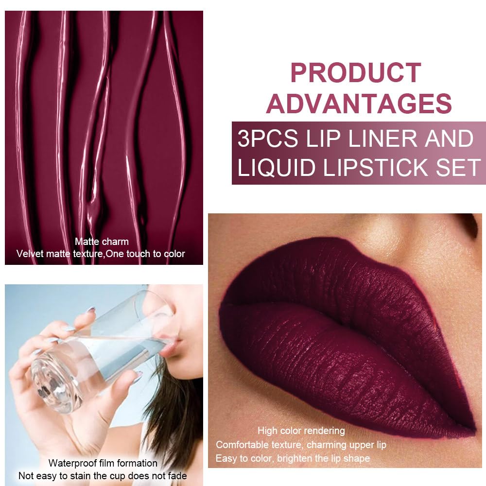 evpct 3Pcs Dark Red Purple Plum Matte Liquid Lipstick and Lip Liner Set for Women Matte Burgundy Lip Tint Stain Long Lasting Waterproof, Black Cherry Blood Red Mauve Brown Gothic Goth Lipsticks Makeup