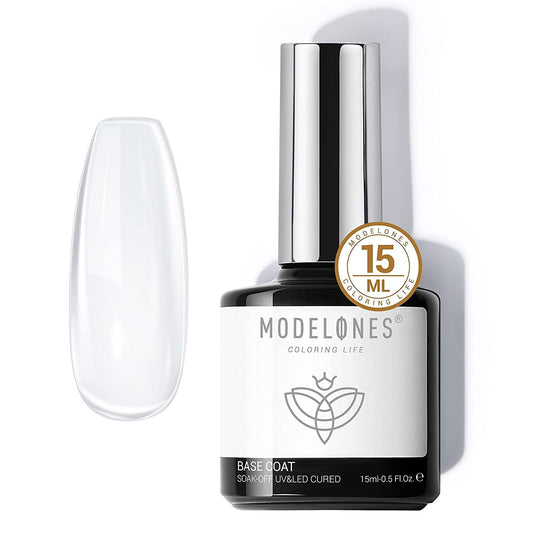 modelones Gel Nail Polish Base Coat, 2025 Upgraded Formula Clear High Glossy Gel Base coat Soak Off Long-Lasting DIY Home Salon Nail Art 15ml