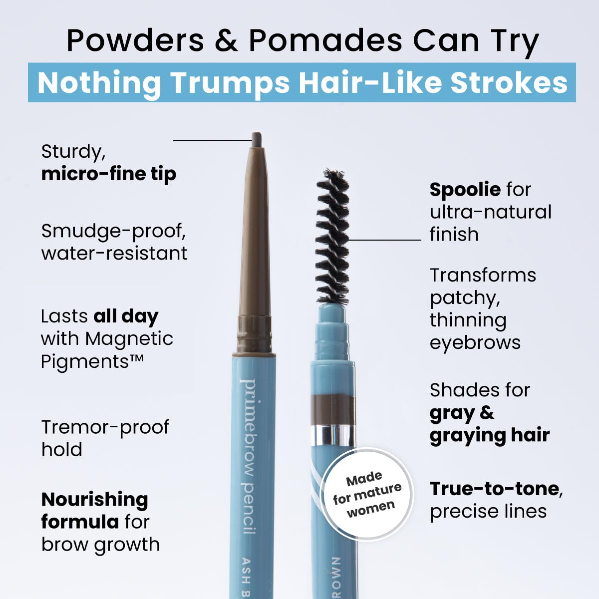 PrimeBrow Pencil for Mature Women – Ultra-Precise Tip for Natural, Hair-Like Strokes – Smudge-Proof & Long-Lasting Wear – Great for Thinning, Sparse, or Graying Brows (Brunette)
