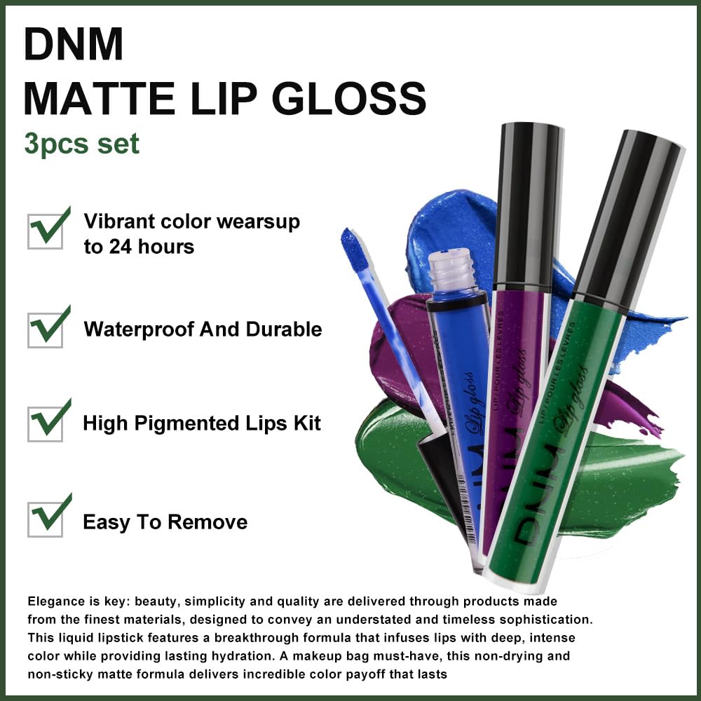 evpct 3Pcs Dark Blue Emerald Green Purple Matte Liquid Lipstick Lip Stain Sets for Women Matte+Lipstick Long Lasting 24 hr Hours Magic Lipstick 24 Hours original Waterproof 21#