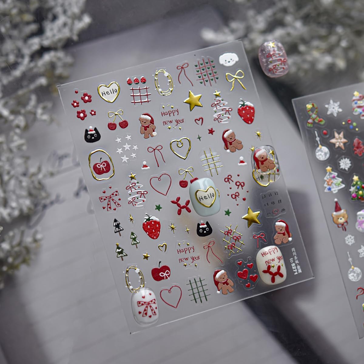 Christmas Nail Art Stickers 5D Embossed Xmas Cute Bear Nail Stickers Strawberry Xmas Light Xmas Tree Bowknot Cherry Gift Nail Decals for Women Girls Winter Holiday Manicure DIY Nail Supplies 1 Sheet