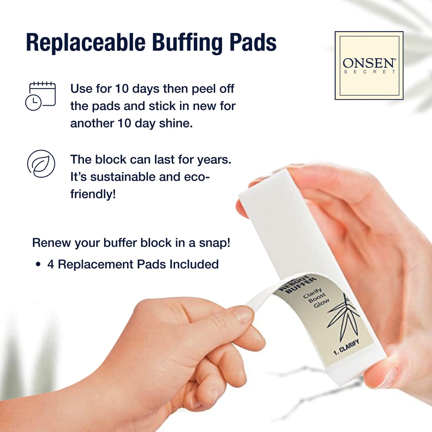 Professional Nail Buffer Block | Ultimate Shine Nail Buffing Block w/ 3 Way Buffing Methods & Replacement Buffer Pads | Japanese Buffer Block + 6 Replacement Buffer Pads Bundle by Onsen