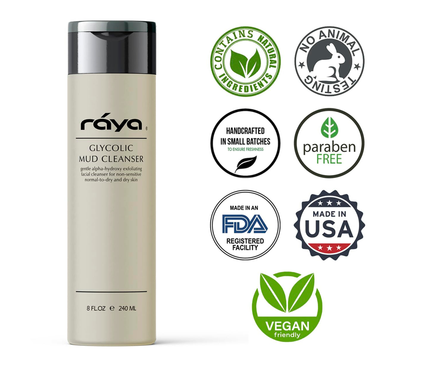 Raya Glycolic Mud Facial Cleanser with AHA 8 oz (G-103) | Exfoliating pH Balanced Facial Cleansing Fluid for Non Sensitive, Dry and Combination Skin | Made with Alpha Hydroxy Acid and Volcanic Mud