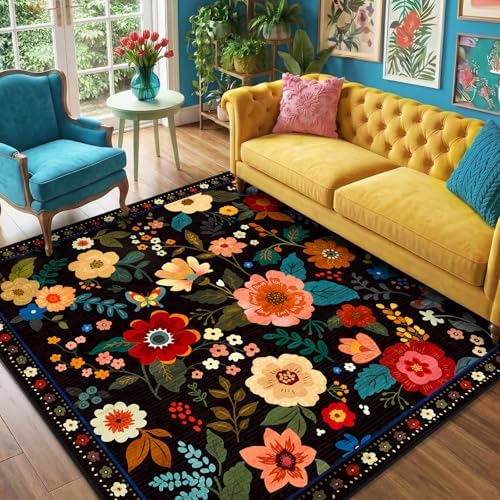RELEANY Floral Washable Square 6ft Area Rug Black by RELEANY