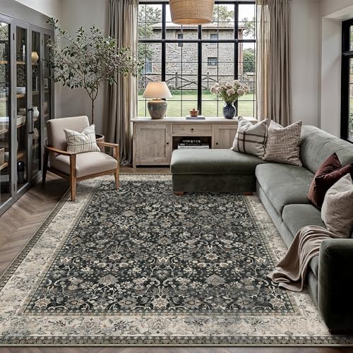 HUGEAR 9x12 Black Beige Vintage Floral Washable Area Rug by HUGEAR