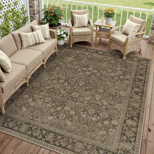 HUGEAR 8x10 Brown Linen Look Washable Area Rug by HUGEAR