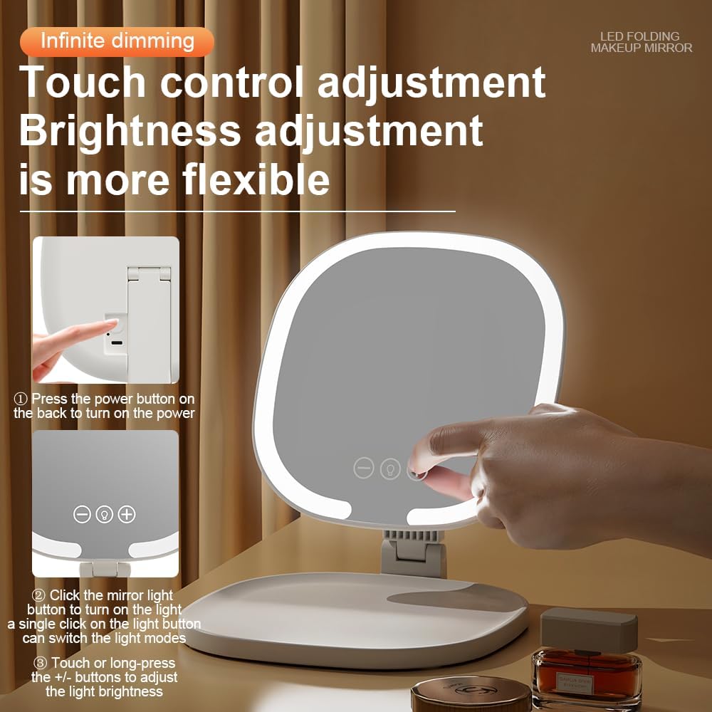 Rechargeable LED Travel Makeup Mirror, 3-Color Lighting, Dimmable Touch Screen, Multi Angle Adjustable, Foldable and Portable Desktop Vanity Mirror with Storage Tray(Pink)