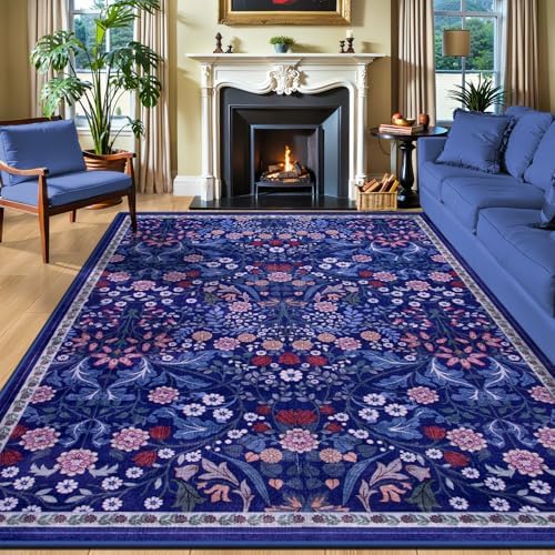 PLHXFR Area Rug 10x14 Living Room: Floral Washable Boho Soft Carpet Blue by PLHXFRSoftAreaRugs