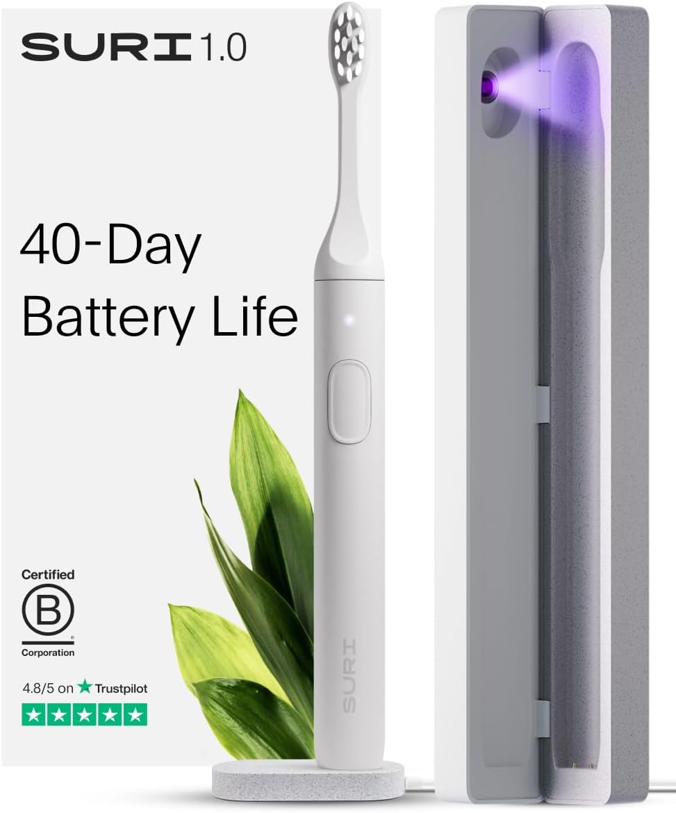 SURI 1.0 Sonic Electric Toothbrush with UV Cleaning Travel Case | 40+Day Battery | Designed in California | Electric Toothbrush for Adults | Travel Toothbrushes | Tooth Brush | White