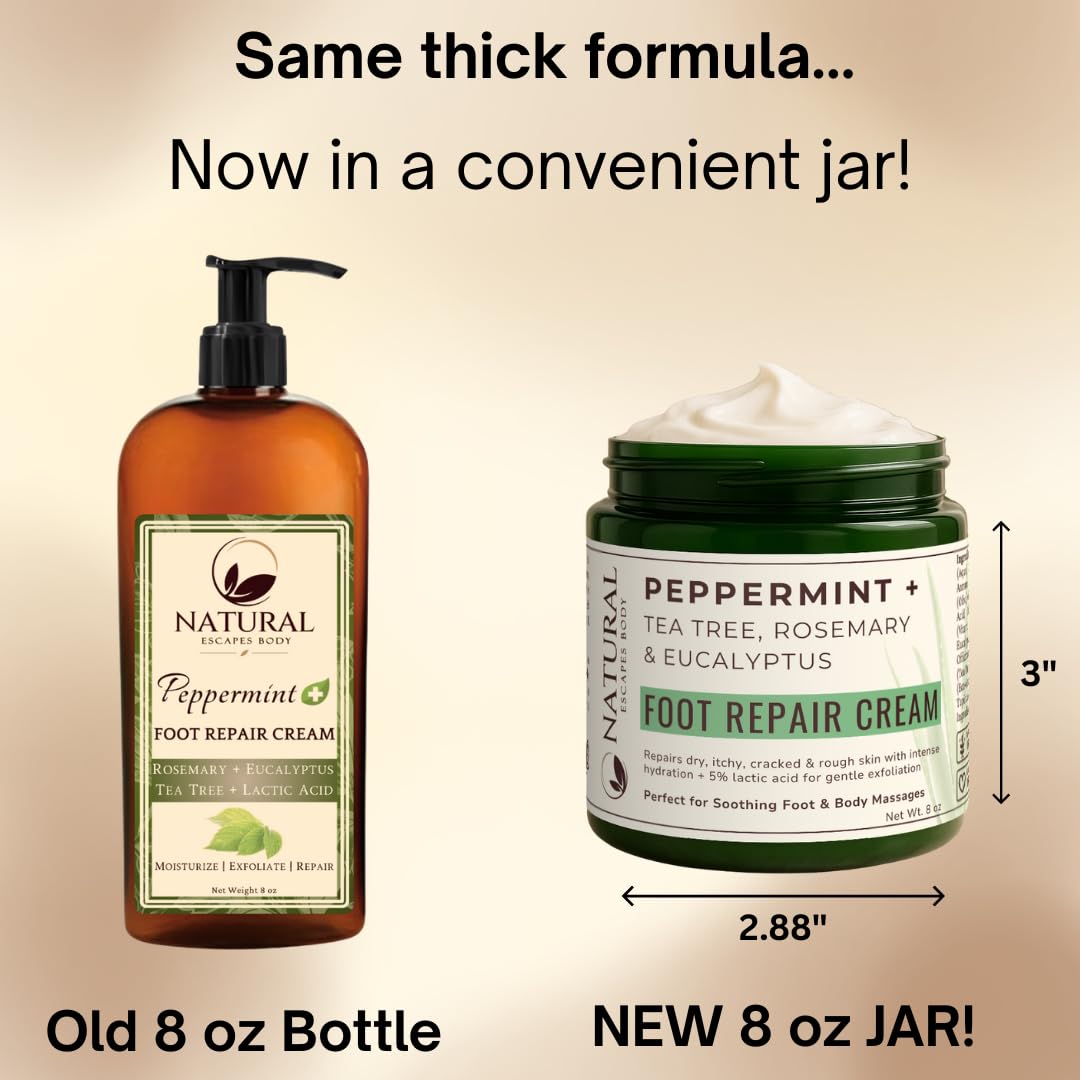 Peppermint, Rosemary, Eucalyptus & Tea Tree Oil Foot Cream for Dry Feet, Cracked Heels, Calluses, Athlete's Foot - Heel Repair Cream for Women & Men (8 oz)