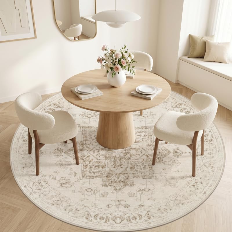 Round Area Rug Living Room: 8ft Washable Carpet Beige/Ivory - Image 2