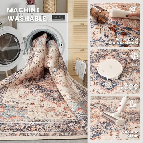 4x6 Beige Blue Orange Washable Area Rug - Image 5