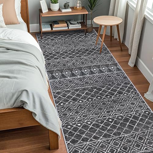 4x10 Black Moroccan Washable Runner:Non Slip Geometric Rug - Image 3