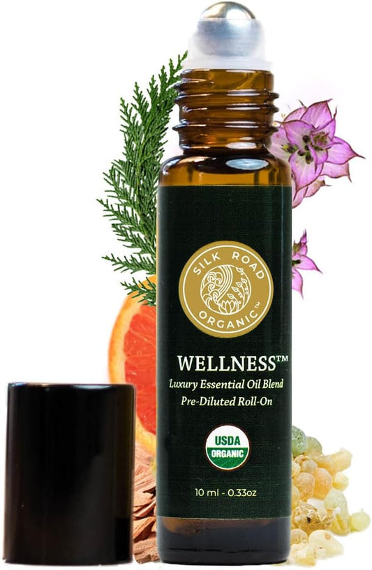 Silk Road Organic Wellness Essential Oil Vitality Blend Roll On - 100% Pure USDA Certified Frankincense, Cypress, Cedarwood, Clary Sage, Orange - Thrive Naturally, 10 ml Roller