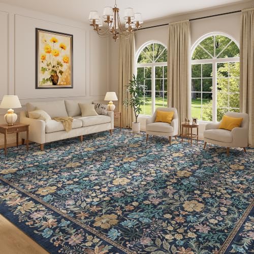 DUKINO 10x12 Area Rug for Living Room Vintage Floral Washable Rug Dark Blue - Image 3