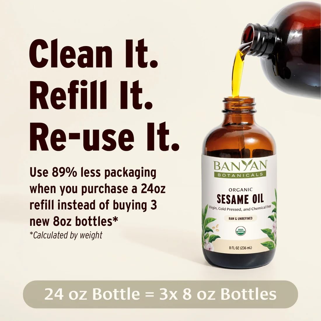 Banyan Botanicals Sesame Oil – Organic & Unrefined Sesame Oil for Skin, Body, Hair & More – Multiple Sizes – 24 oz – Non GMO Sustainably Sourced Vegan