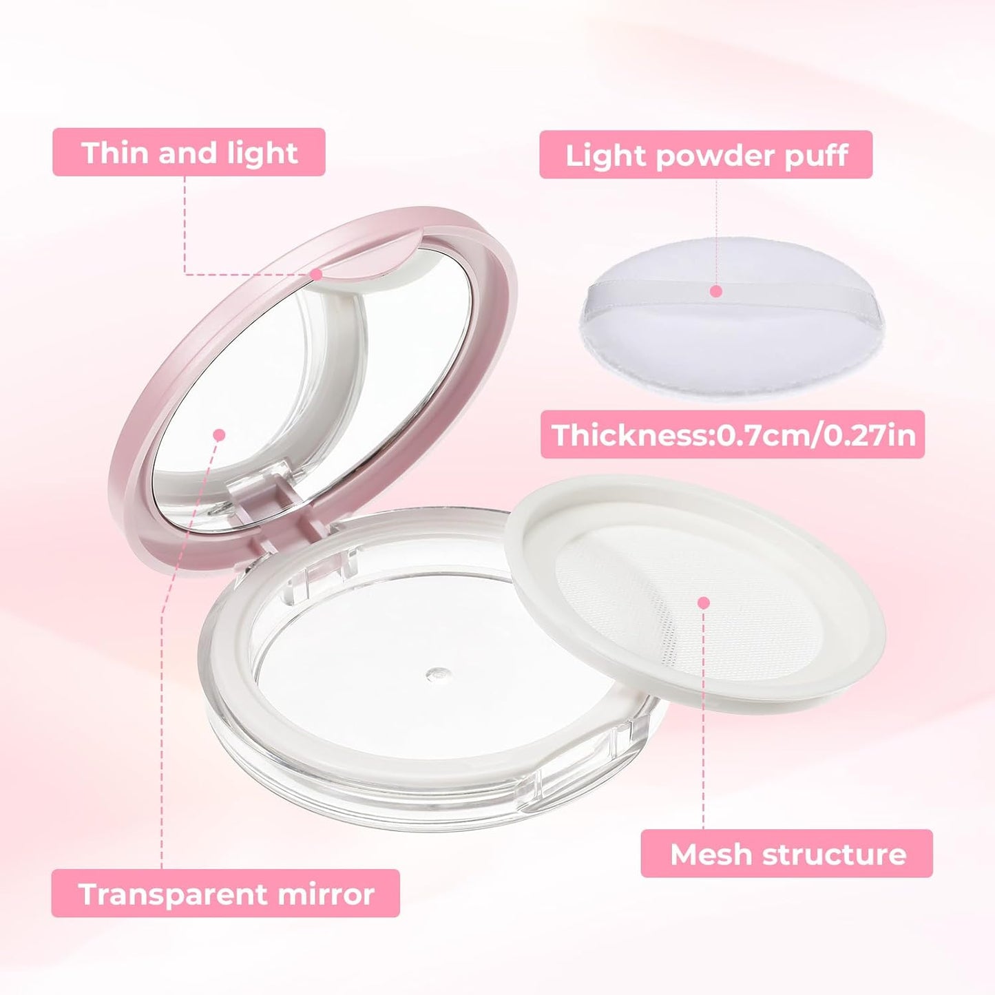2 PCS Loose Powder Containers with Puff, 0.18oz Travel Powder Container Reusable Empty Makeup Containers Compact Mini Powder-Puff and Container with Mirror and Elasticated Net Sifter for Women Girls