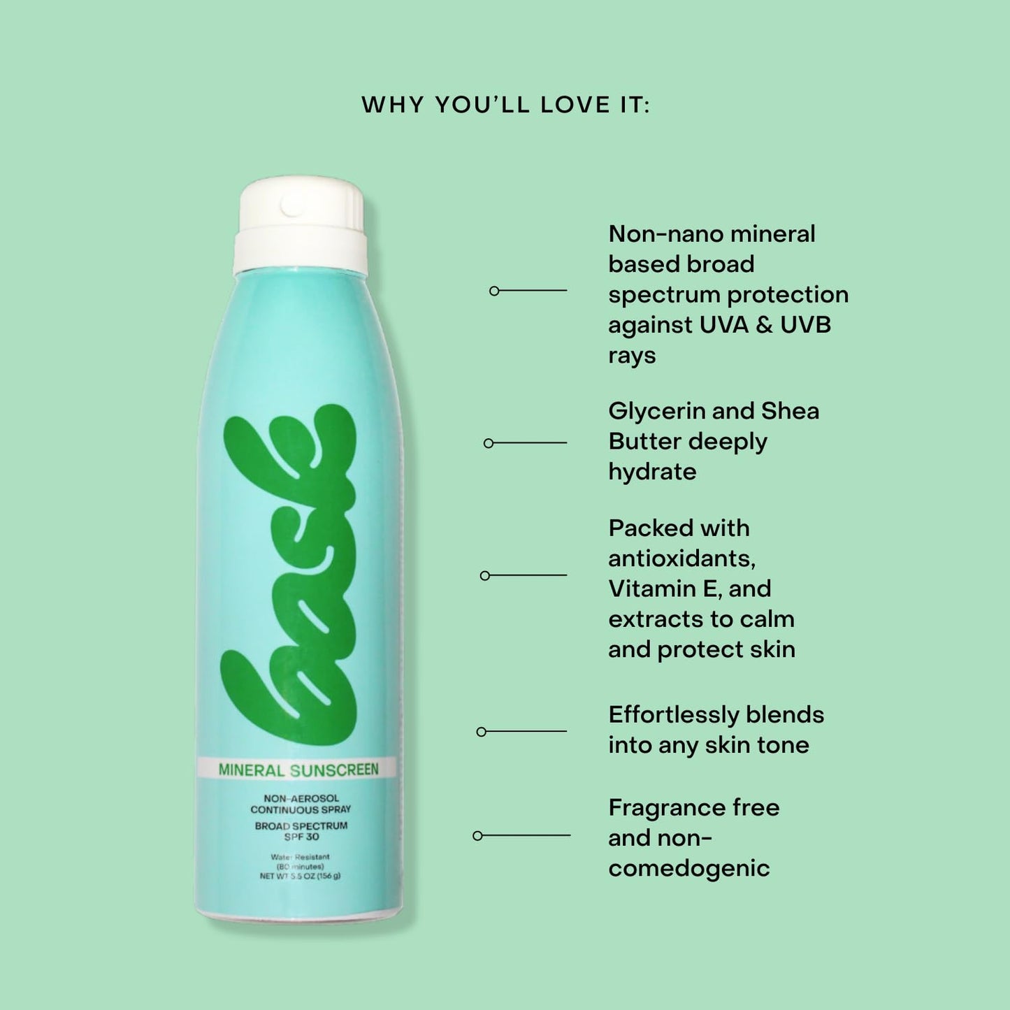 Bask Suncare SPF 30 Mineral Sunscreen Spray - Fragrance Free, Non-Aerosol, Reef Safe, Broad Spectrum UVA/UVB Protection, Dermatologist Recommended, Lightweight & Fast-Absorbing, 5.5 oz