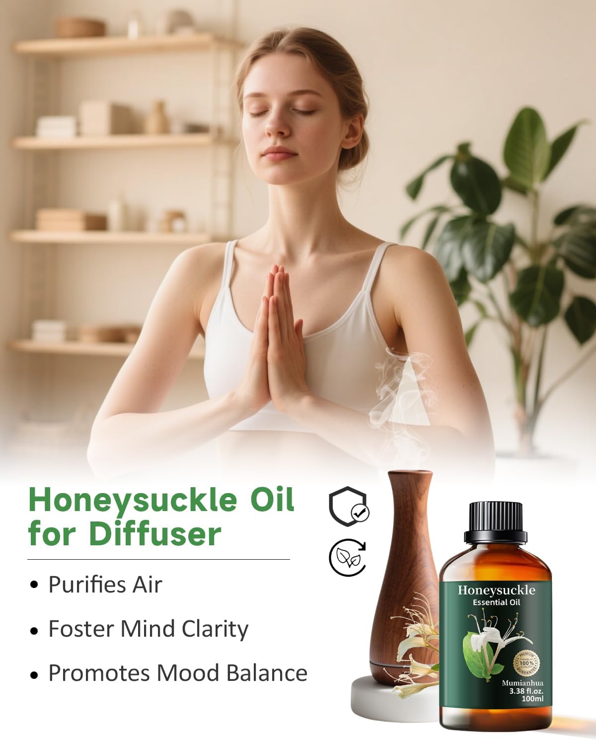 Mumianhua 100% Pure Honeysuckle Essential Oil - Therapeutic Grade Natural Honeysuckle Oil for Large Room Humidifier, Bedroom & Laundry | Floral for Diffuser, Skin & Candle,Perfume Crafts 3.38 Fl Oz