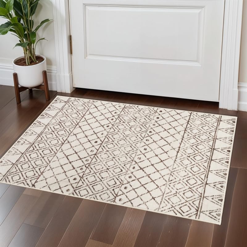 2x3 Small Rug Washable Rug: Moroccan Kitchen Low Pile Area Rugs Beige - Image 3